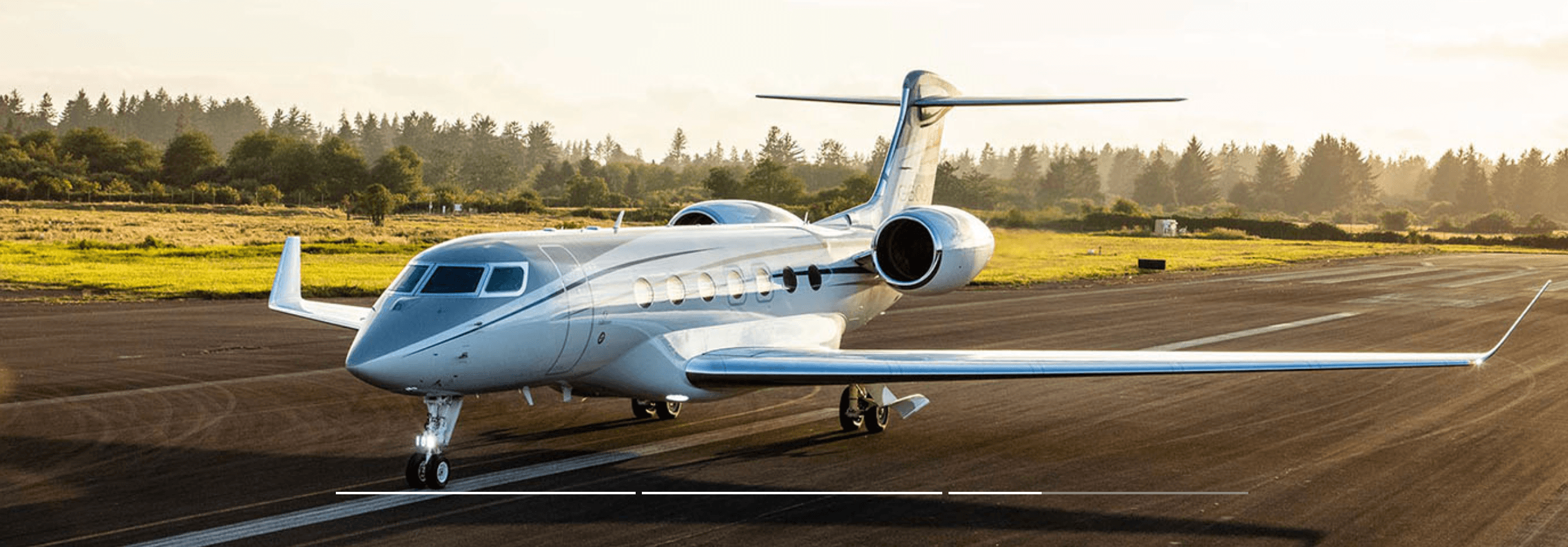 Private jet on the tarmac with a line of trees behind it