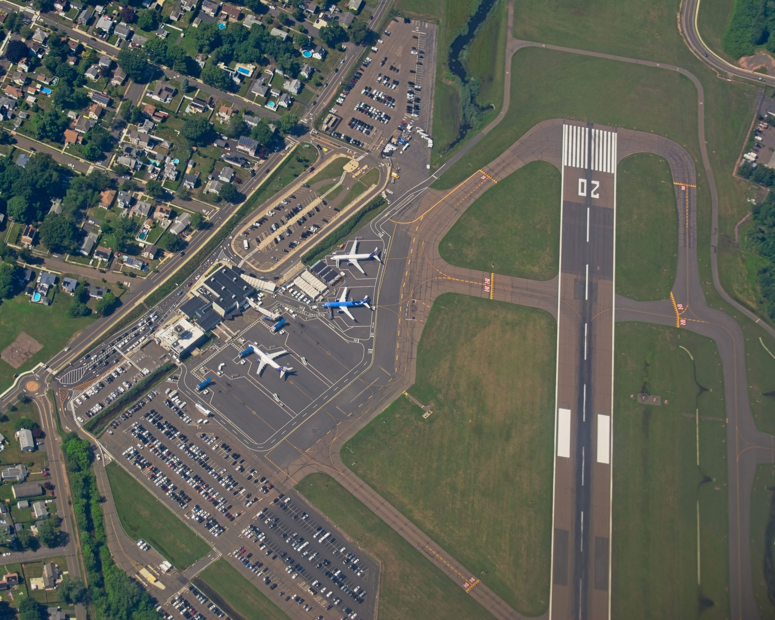 Aerial view of Teterboro Airport and its runway